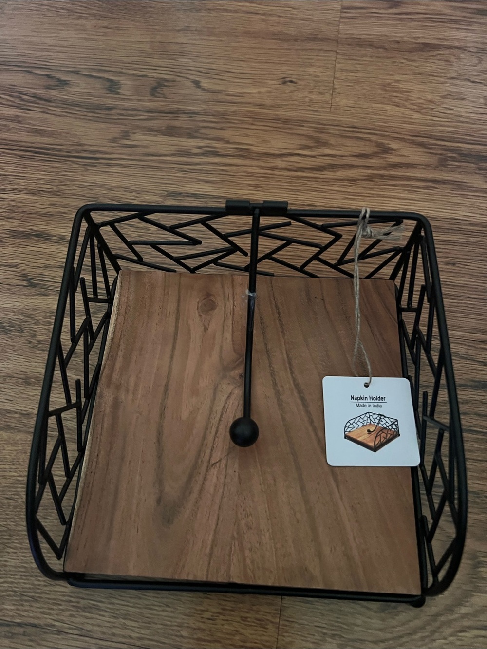 Wood & Black Metal Napkin Holder nwt flat square brown modern mid century vtg